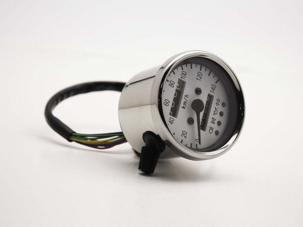 Speedo, 2.5" dia. (60mm) with Warning Lights, White Face, Polished Body